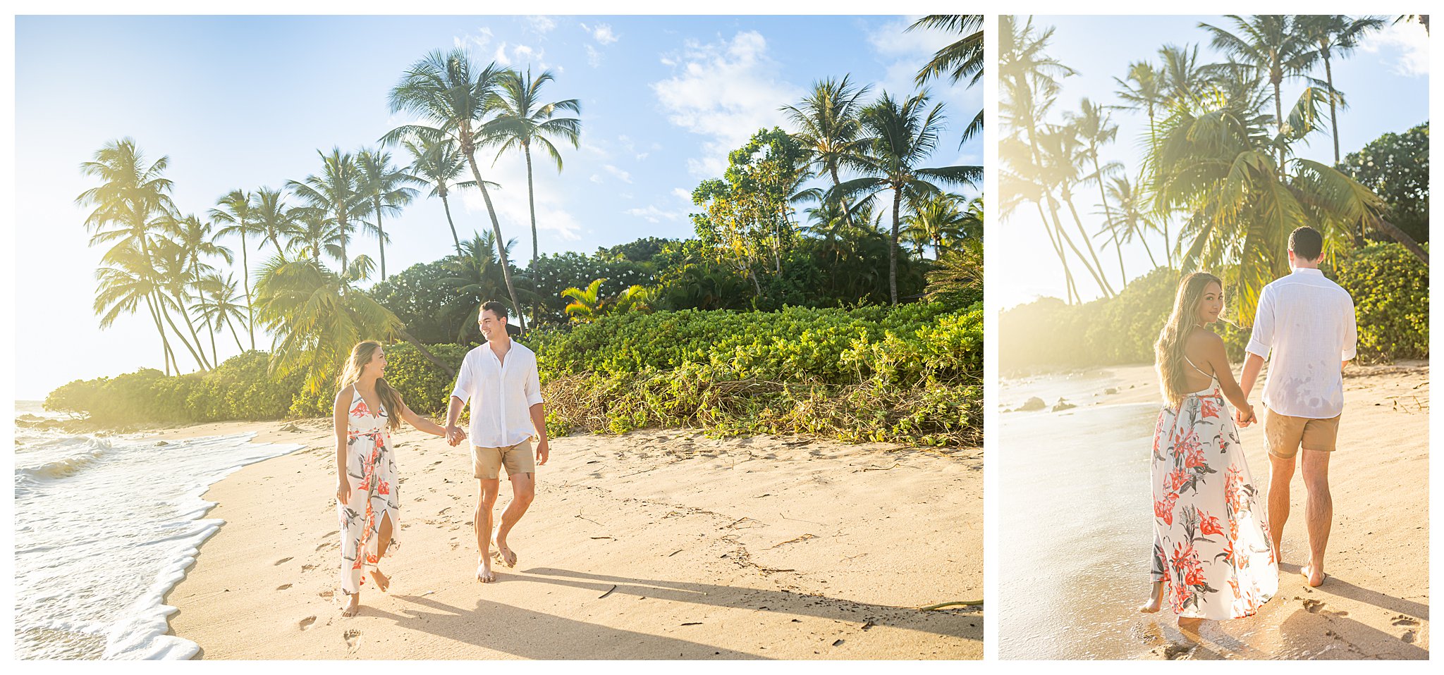 Two people walk on the beach for honeymoon portraits