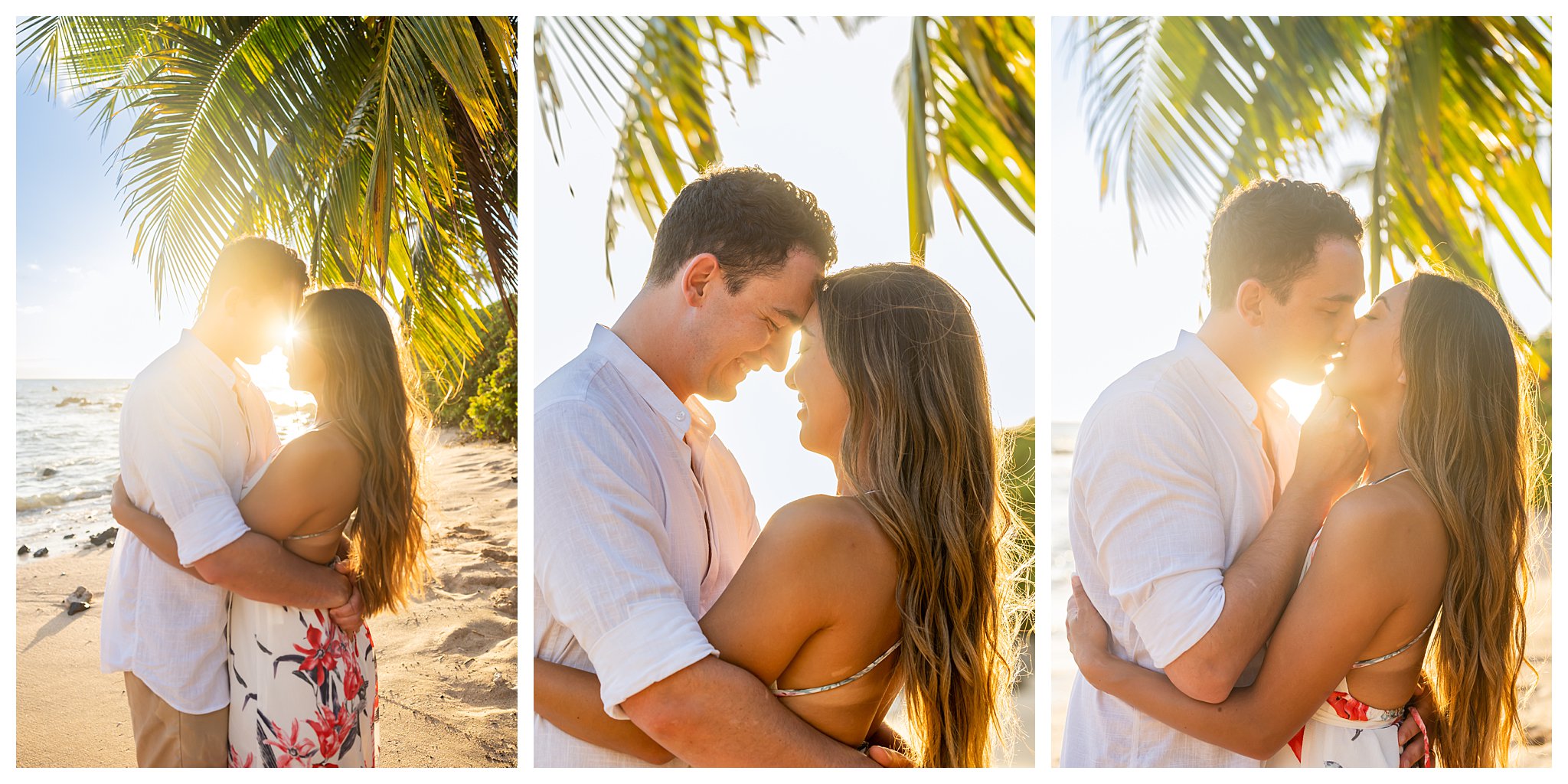 Two people pose on the beach for honeymoon portraits