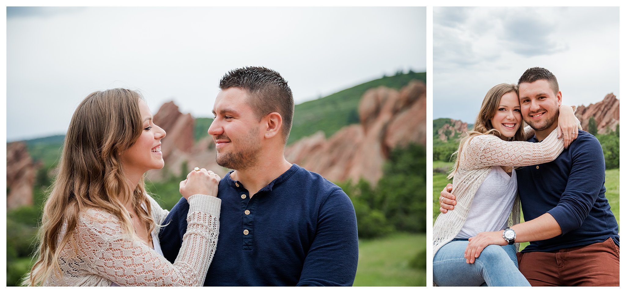 Couple poses in front of a green field and red rocks