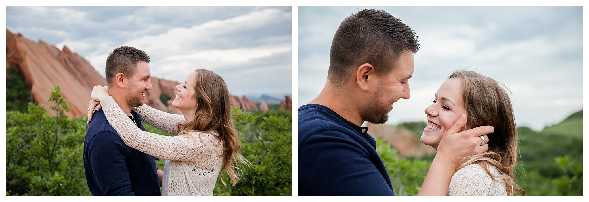 Couple poses for engagement session in front of lush green trees and red rocks