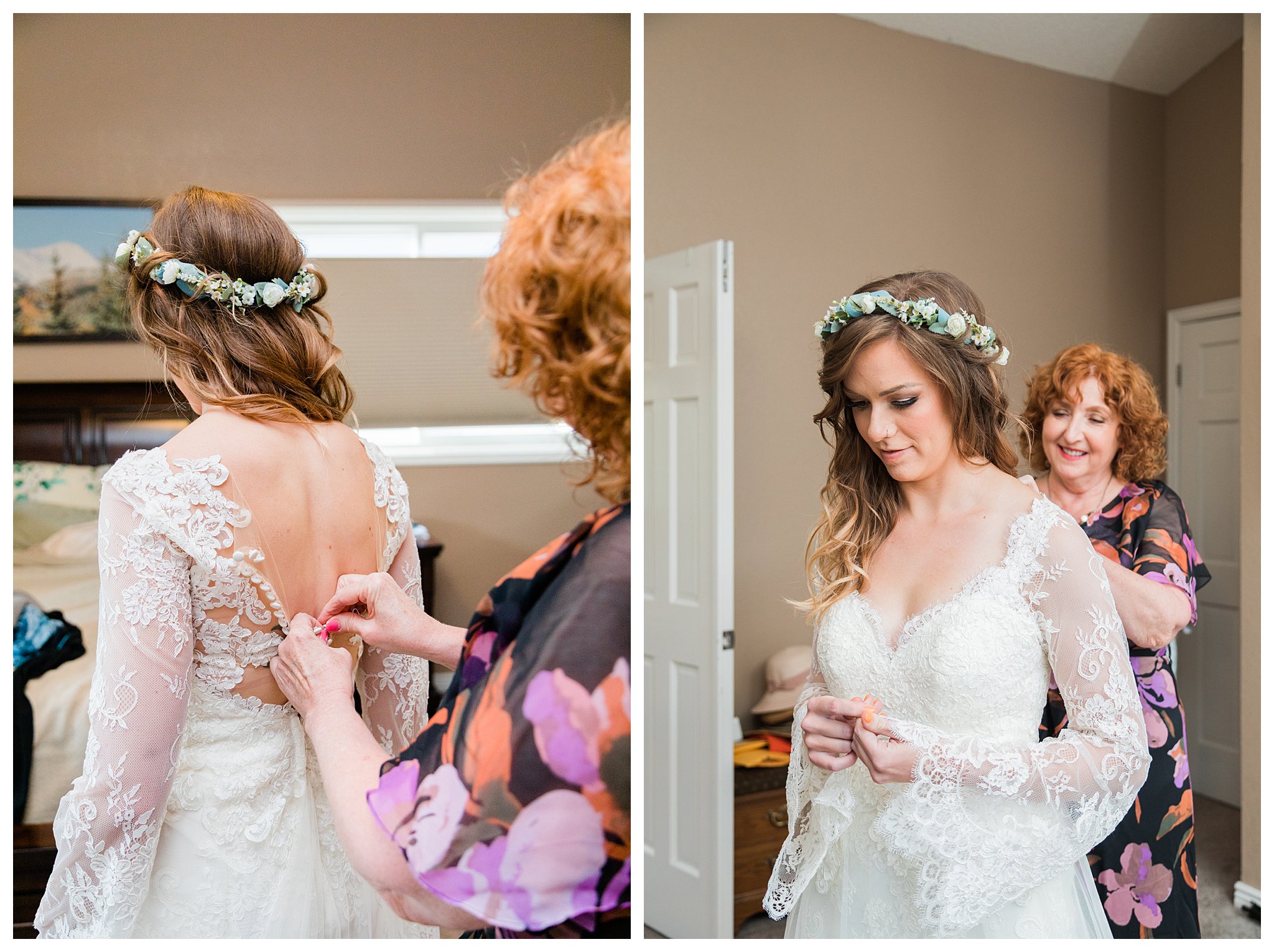 A bride gets ready and puts her dress on