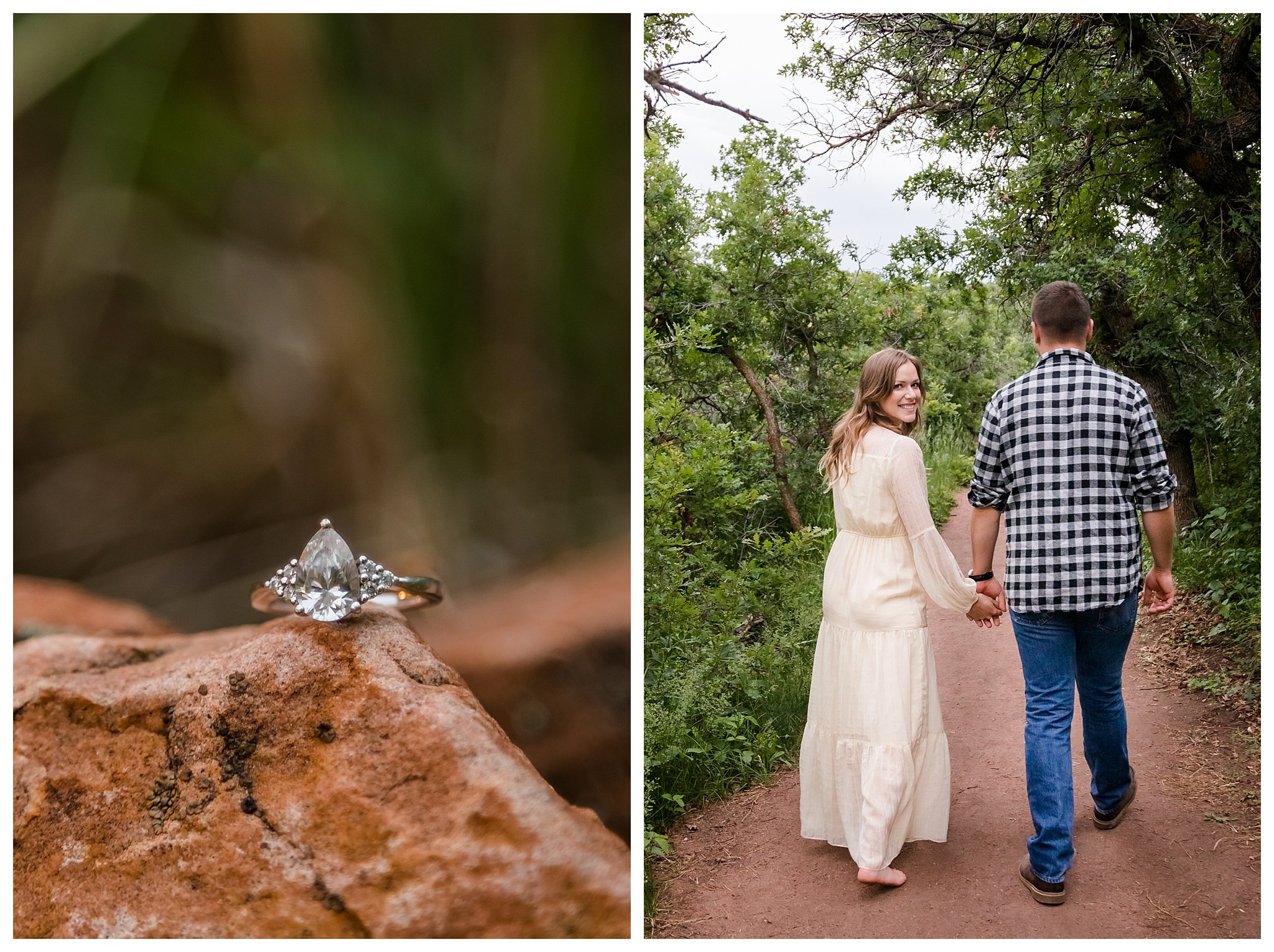 Close up for a ring on red rocks and a photo of the couple holding hands walking