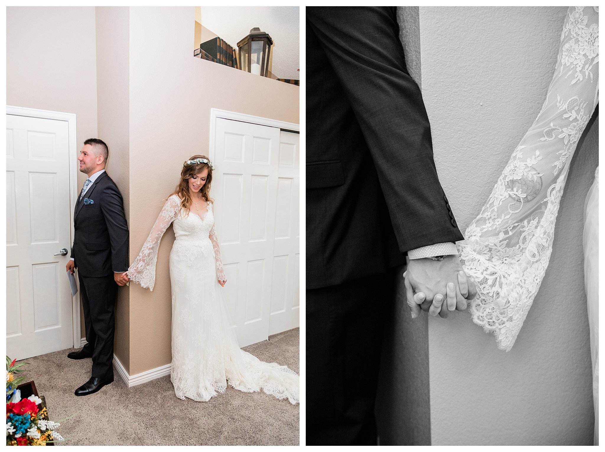 A bride and groom hold hands during a first touch before their ceremony