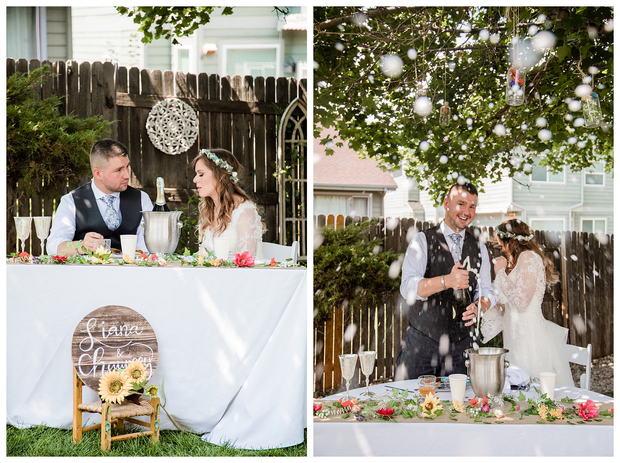 The couples toasts by popping a bottle of champagne