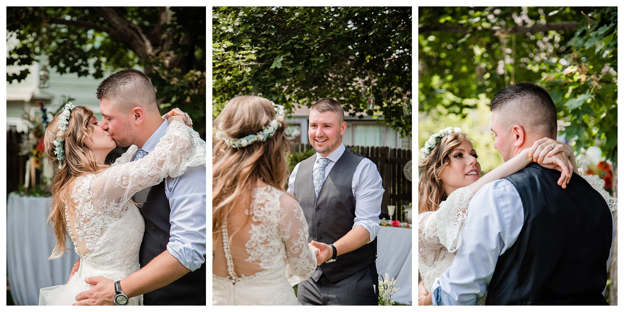 The couple has their first dance during their backyard wedding