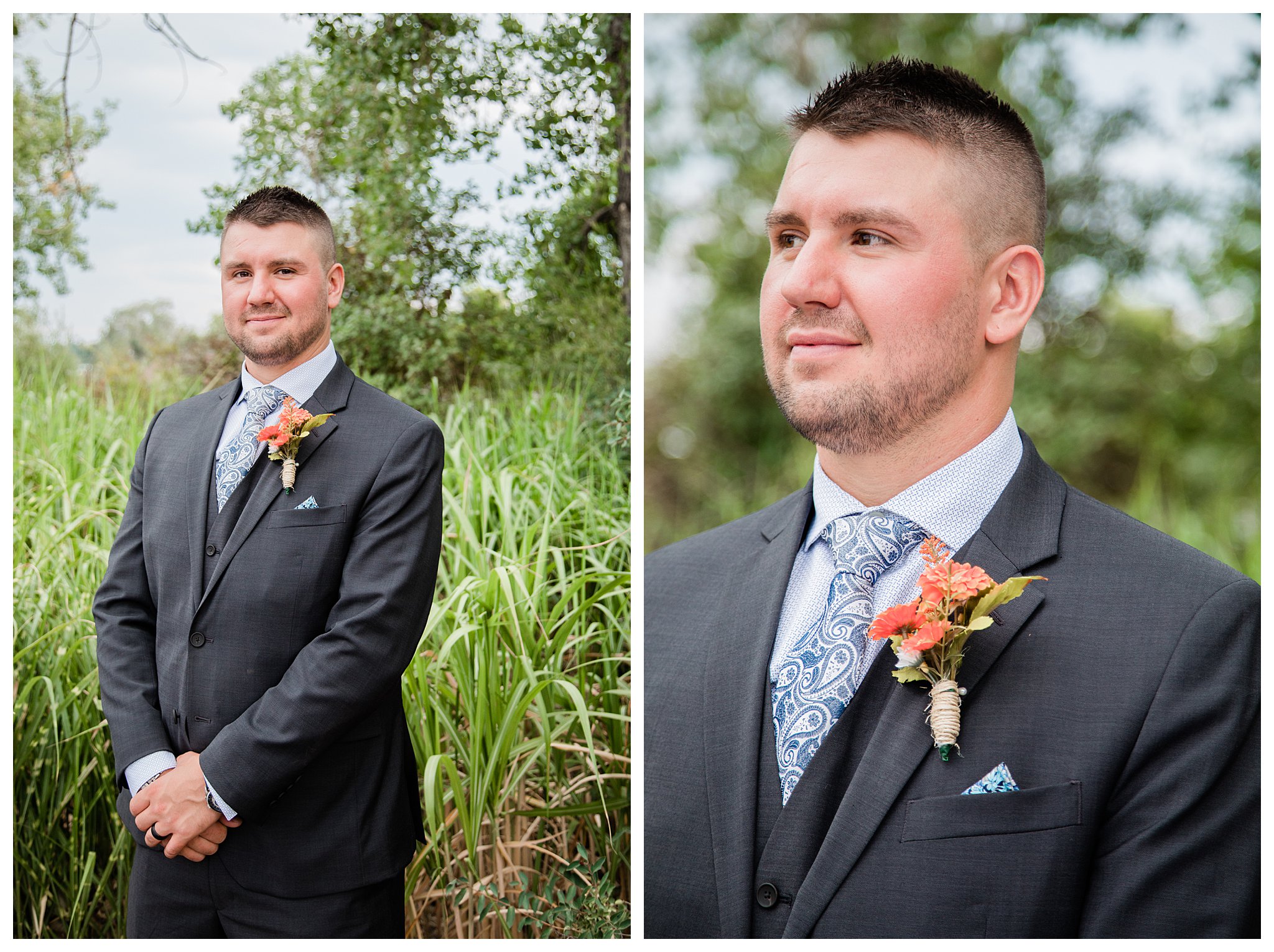 The groom poses for bridal portraits