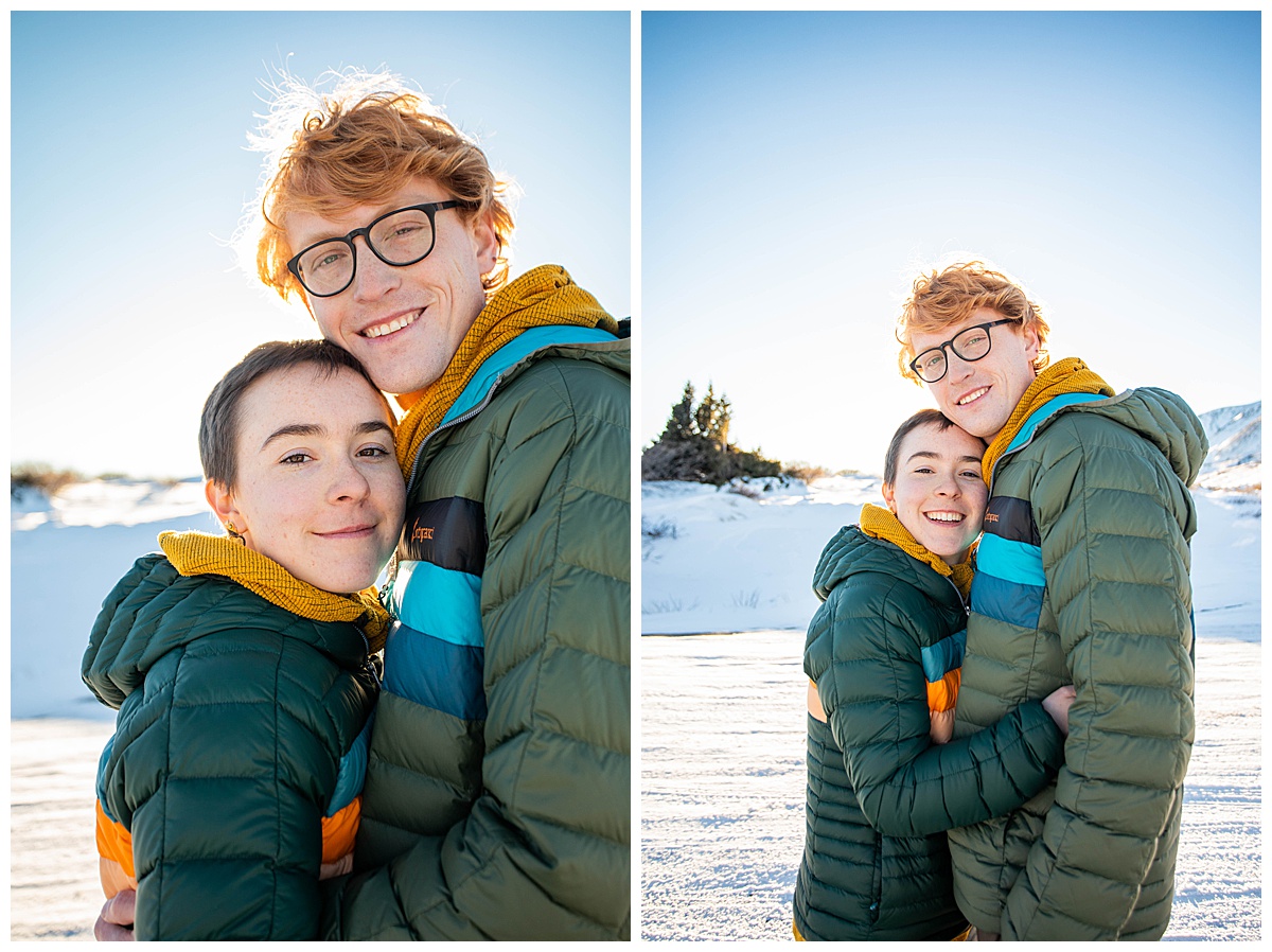 Up close photos of a couple smiling at the camera, snow in the background.