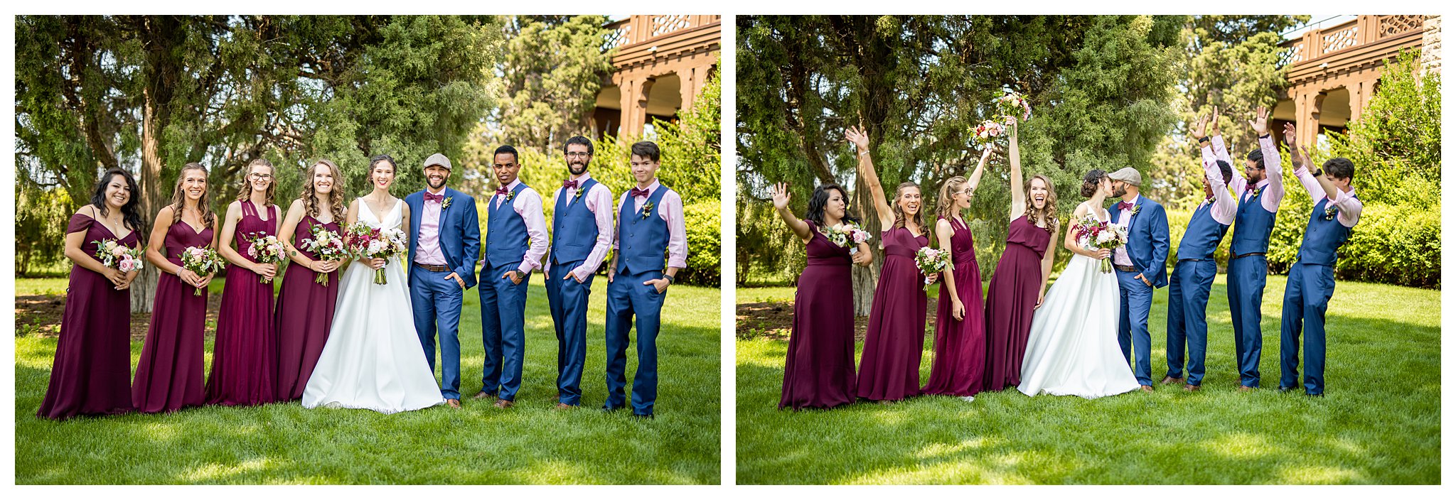 A bride and groom pose with their bridal party
