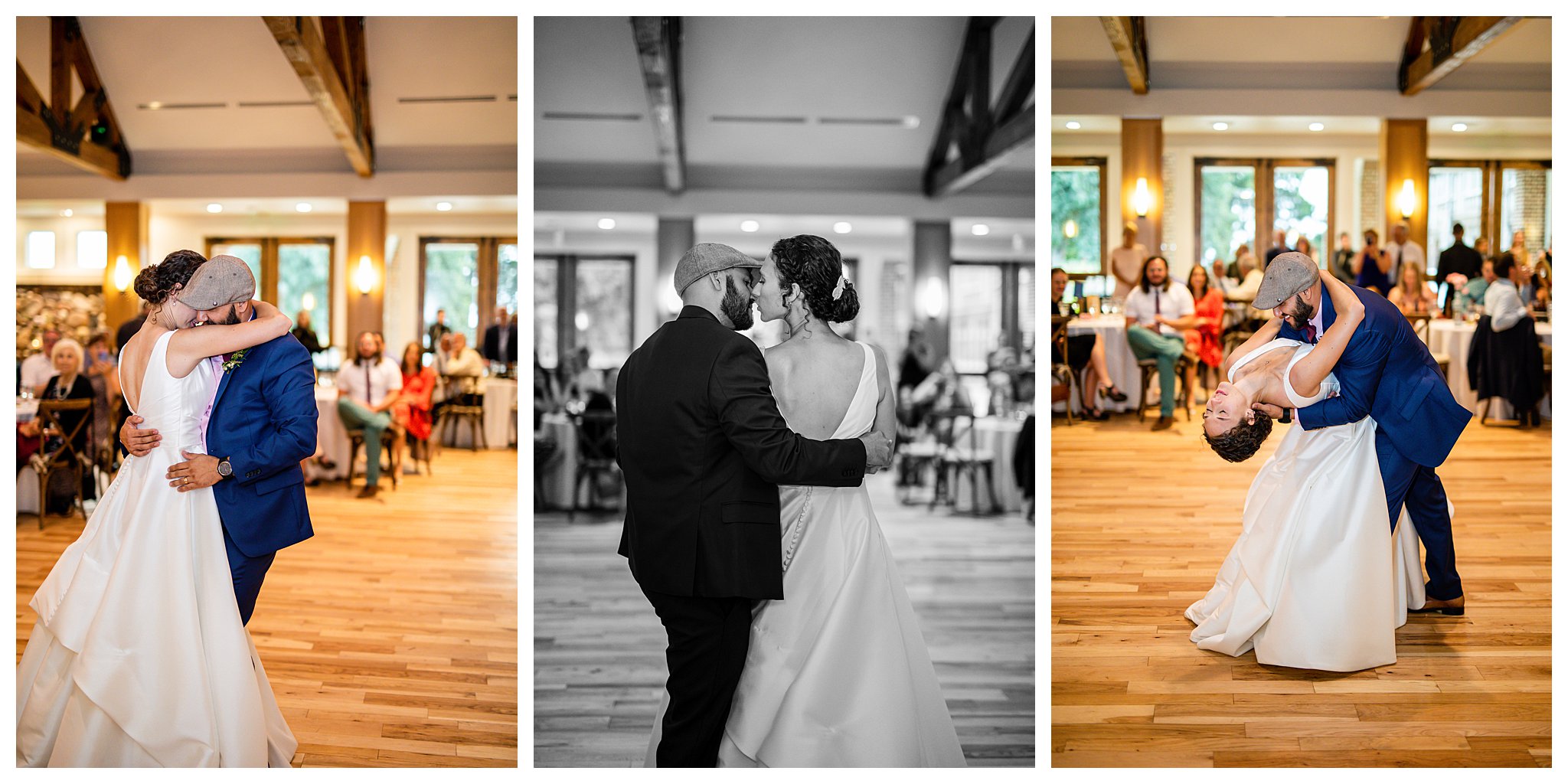 A couple has their first dance in front of their guests
