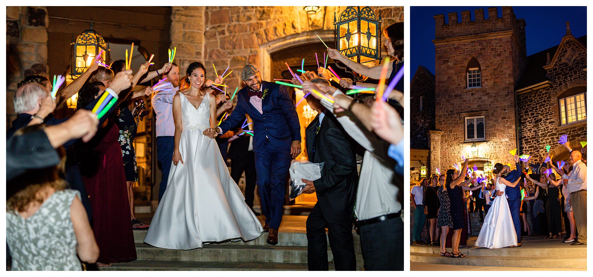 A couple leaves their wedding with their guests waving bright glowsticks
