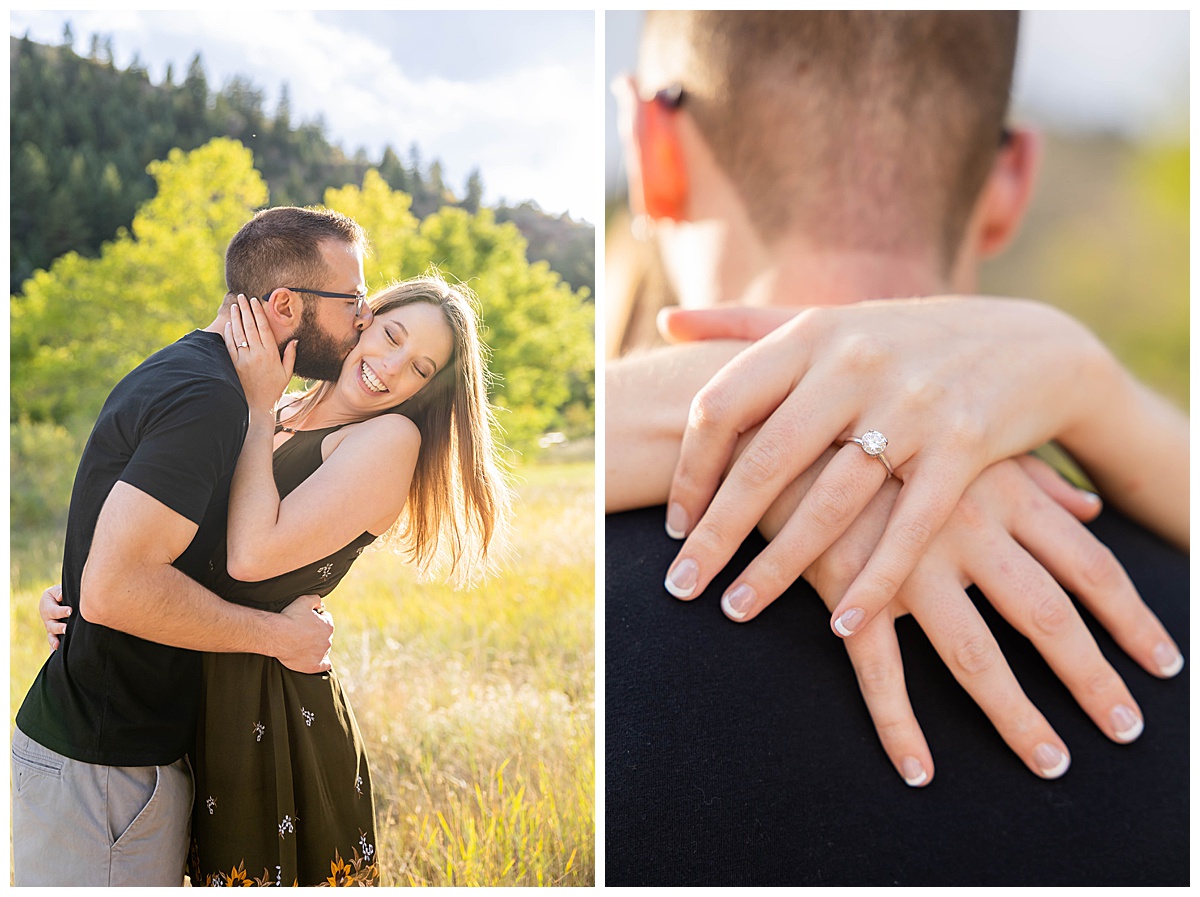 A couple poses amongst trees for a fall engagement session. The woman is wearing a short olive green dress and the man is wearing a black t-shirt and gray shorts. There is a closeup of the woman's engagement ring on the man's back.