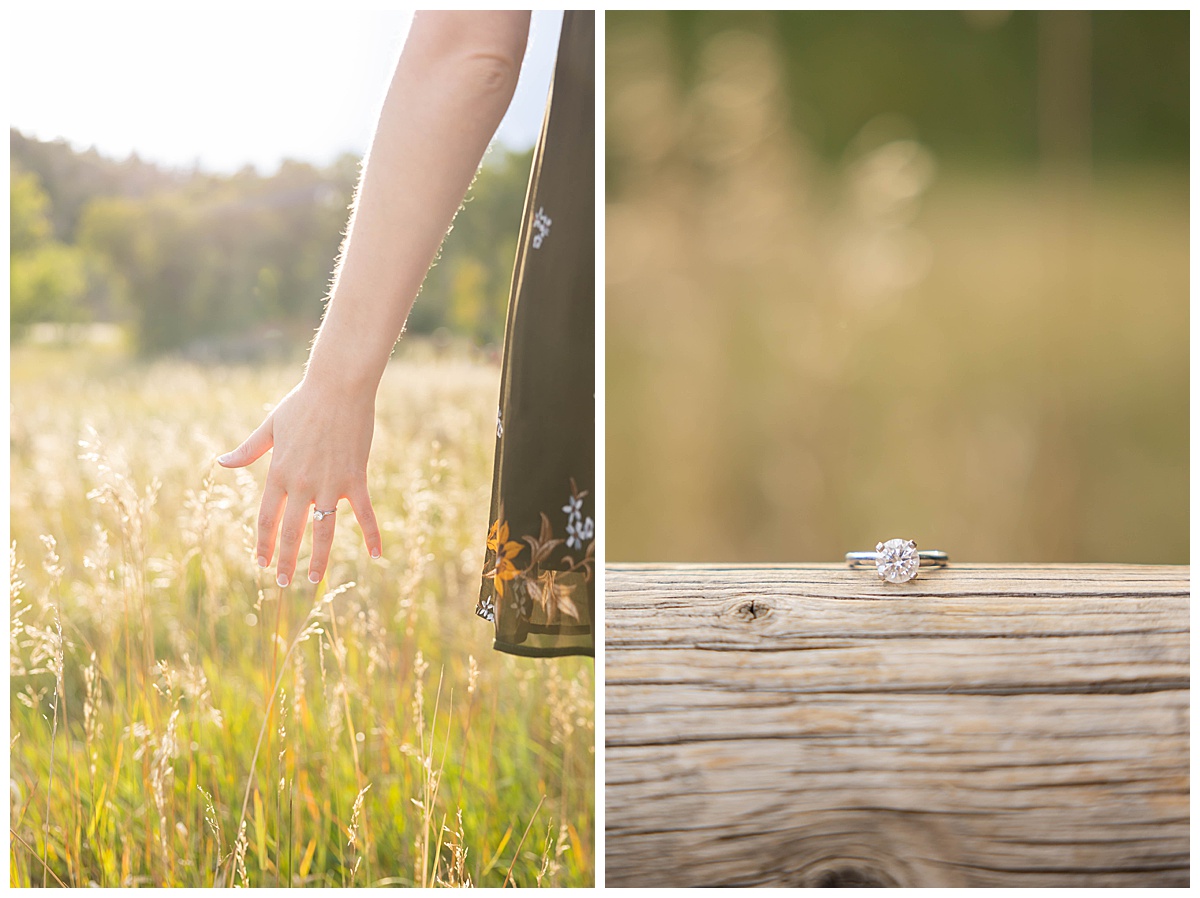 A close-up of the woman walking through a field, her hand brushing tall grasses. A close-up of the woman's engagement ring on a piece of wood.