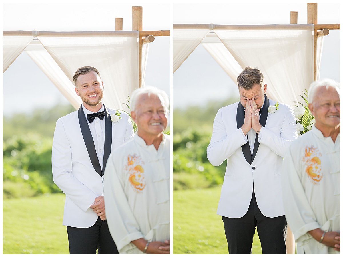 Groom sees his bride walking down the aisle for the first time with their traditional timeline wedding.