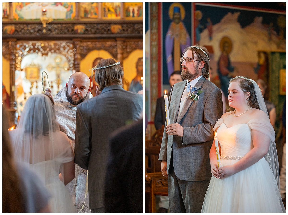 A bride and groom get crowned
