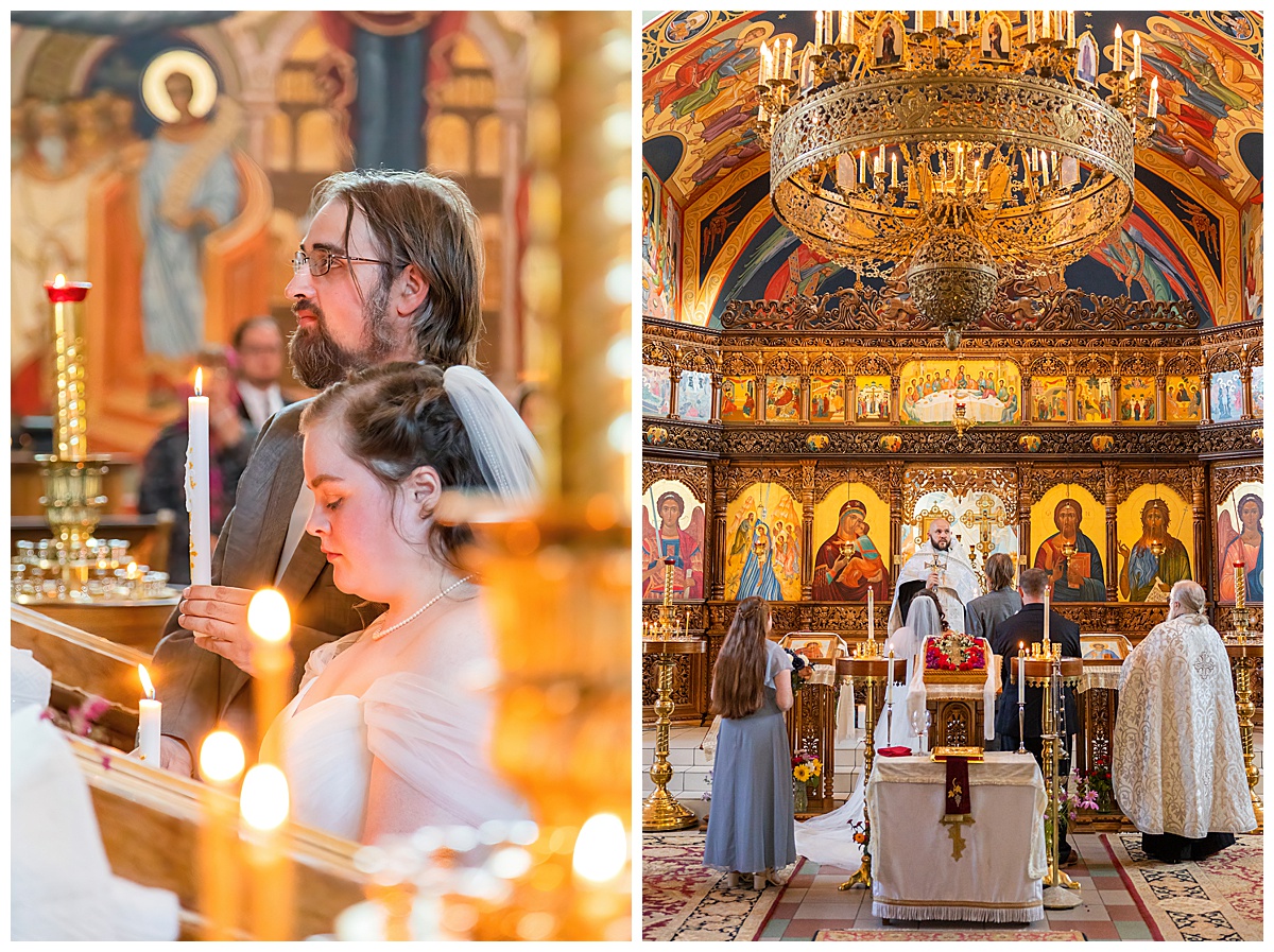 A bride and groom get married in their Orthodox wedding ceremony