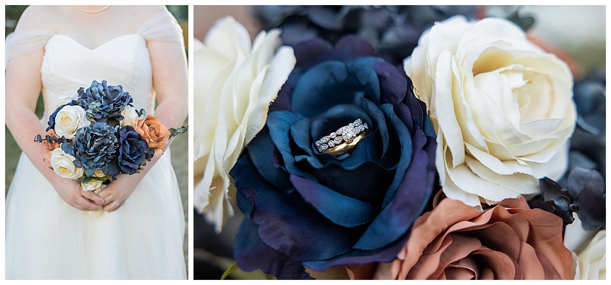 Close ups of the brides bouquet and wedding rings