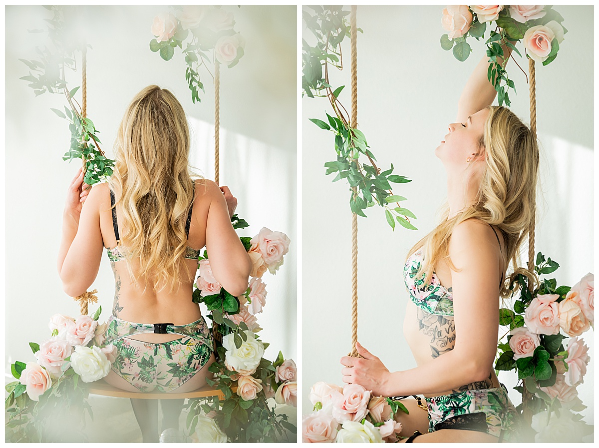 A woman poses on a swing with flowers on it in a plant-themed lingerie set