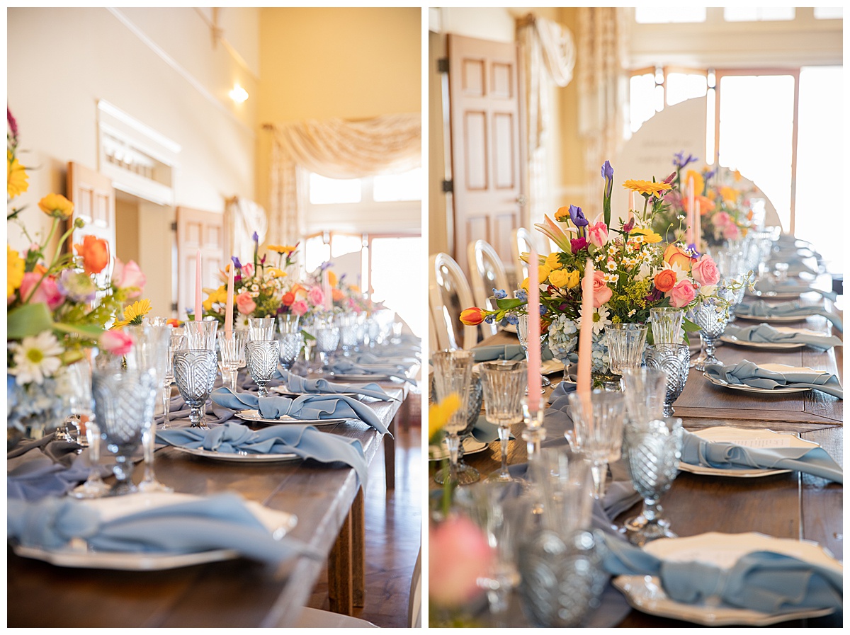 Spring wildflower arrangements with blue napkins and glasses perfectly compliment this spring wedding inspiration shoot.