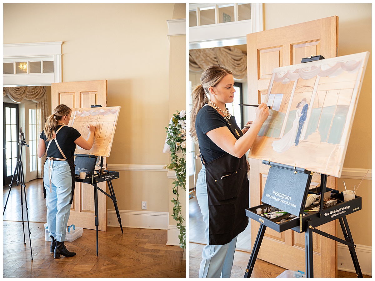 A live wedding painter paints a picture of the bride and groom at their ceremony.