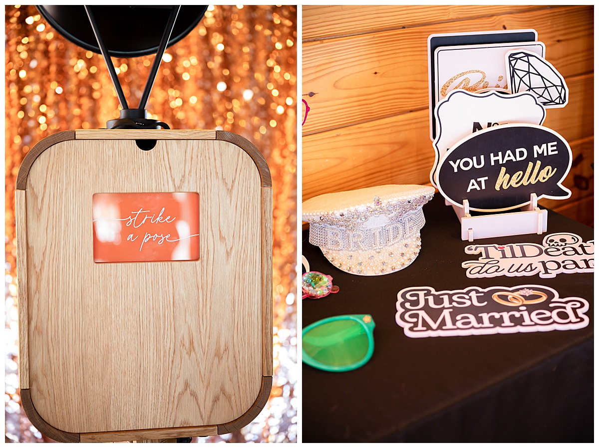 Close-ups of details of the photo booth. The booth says "strike a pose" on it and there are fun accessories like a bedazzled bride hat, big glasses, and signs that say things like "just married" and "till death do us part".