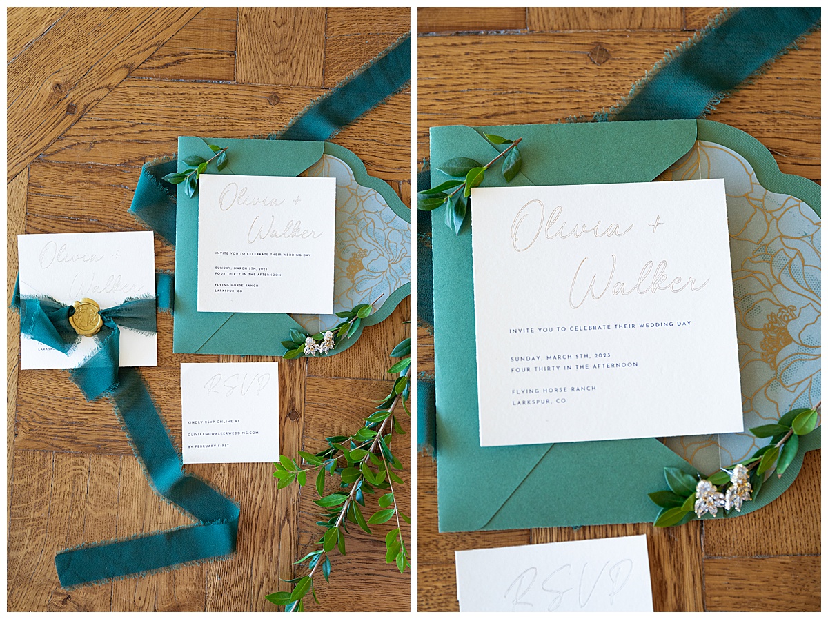 A green and white wedding invitation suite with gold accents and greenery on the side compliments this winter wedding inspiration shoot.