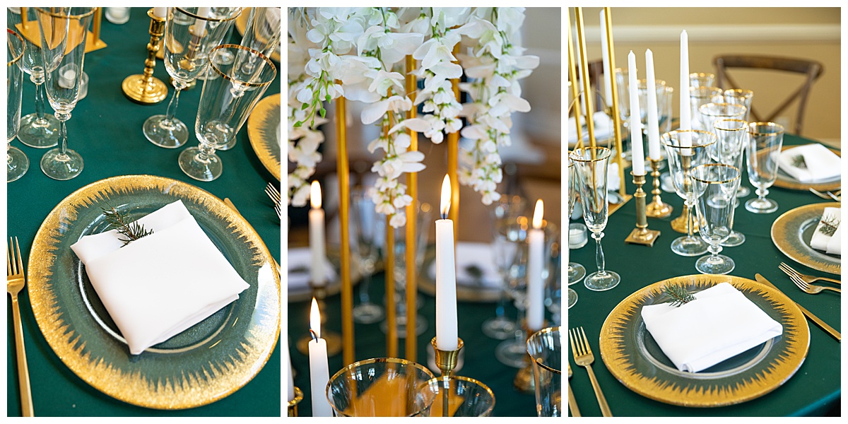 This table-scape was a green tablecloth, gold plates and glasses, candlesticks, and beautiful white flowers and greenery.