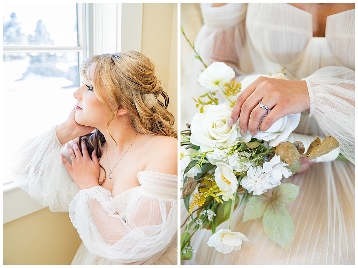 A bride gets ready in her bridal suite. She is wearing a big, tulle, a-line dress and her curled hair is half blonde and half dark brown.