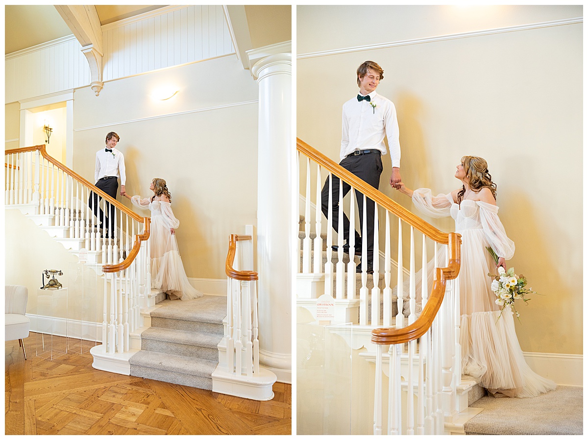 A man and woman walk up the stairs, posing for a winter wedding inspiration shoot.