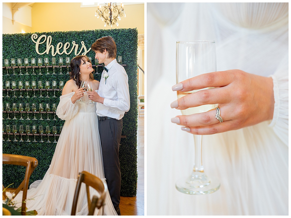 A bride and groom toast with champagne in front of a green champagne wall for a winter wedding inspiration shoot.