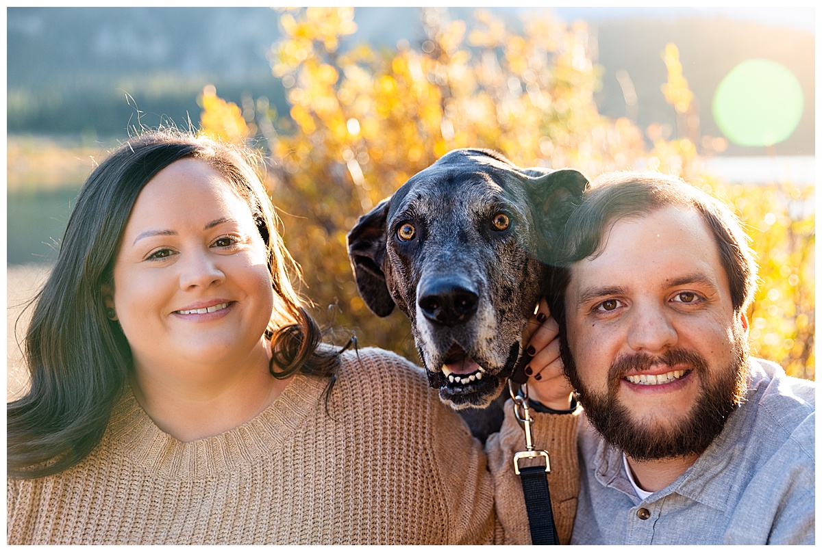 A couples poses with their gray great dane in front of yellow bushes, a lake, and mountains. The man is wearing a gray long sleeve button down shirt and the woman is wearing a tan sweater