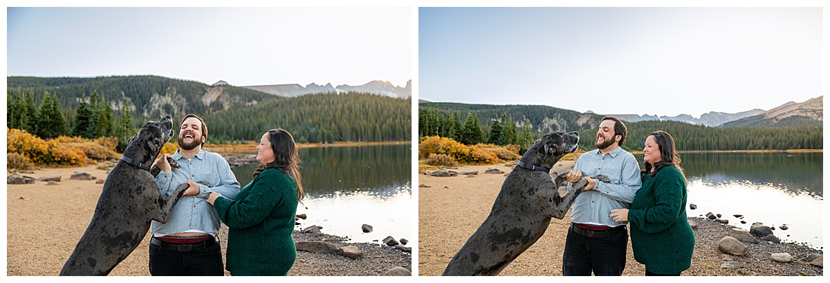 A couples poses with their gray great dane in front of a lake and mountains. The man is wearing a gray long sleeve button down shirt and the woman is wearing a dark green sweater
