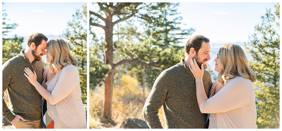 A couple poses for their Lookout Mountain couples session. The woman is wearing a geometric print shirt with a sweater and the man is wearing a green sweater and khaki pants.