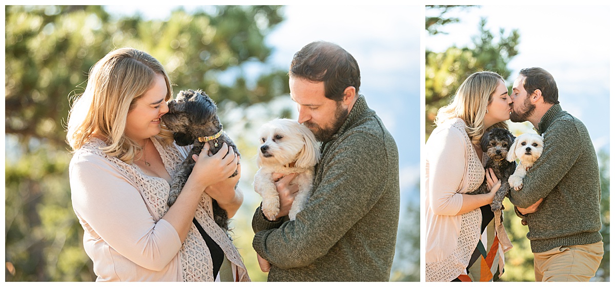 A couple poses for their Lookout Mountain couples session. The woman is wearing a geometric print shirt with a sweater and the man is wearing a green sweater and khaki pants. They are holding small fluffy dogs, one is black and one is white.
