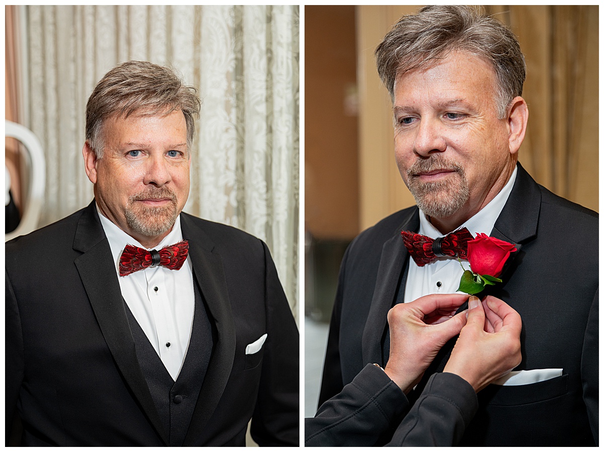 Photos of the groom getting ready and getting his red rose boutonnière put on his label.