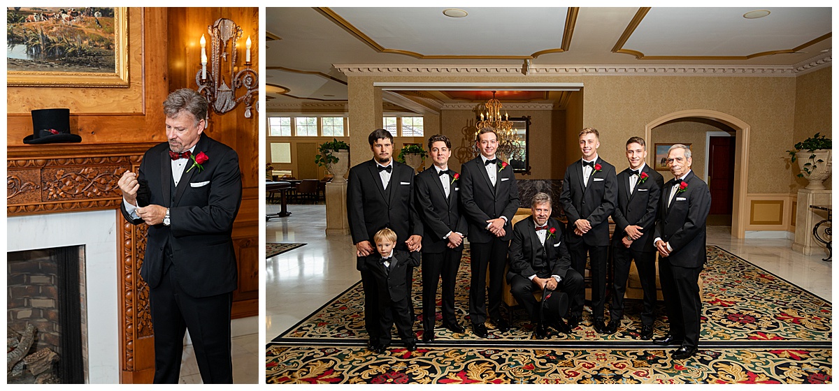 Photos of the groom and groomsmen getting ready. They are all wearing black suits and red rose boutonnières