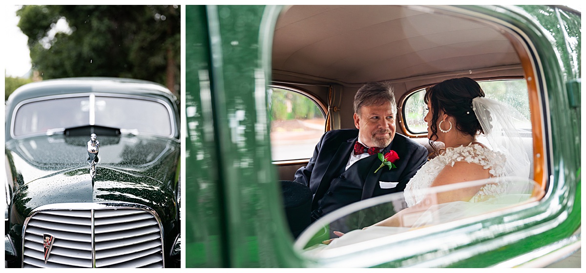 The bride and groom are riding in the green Broadmoor car