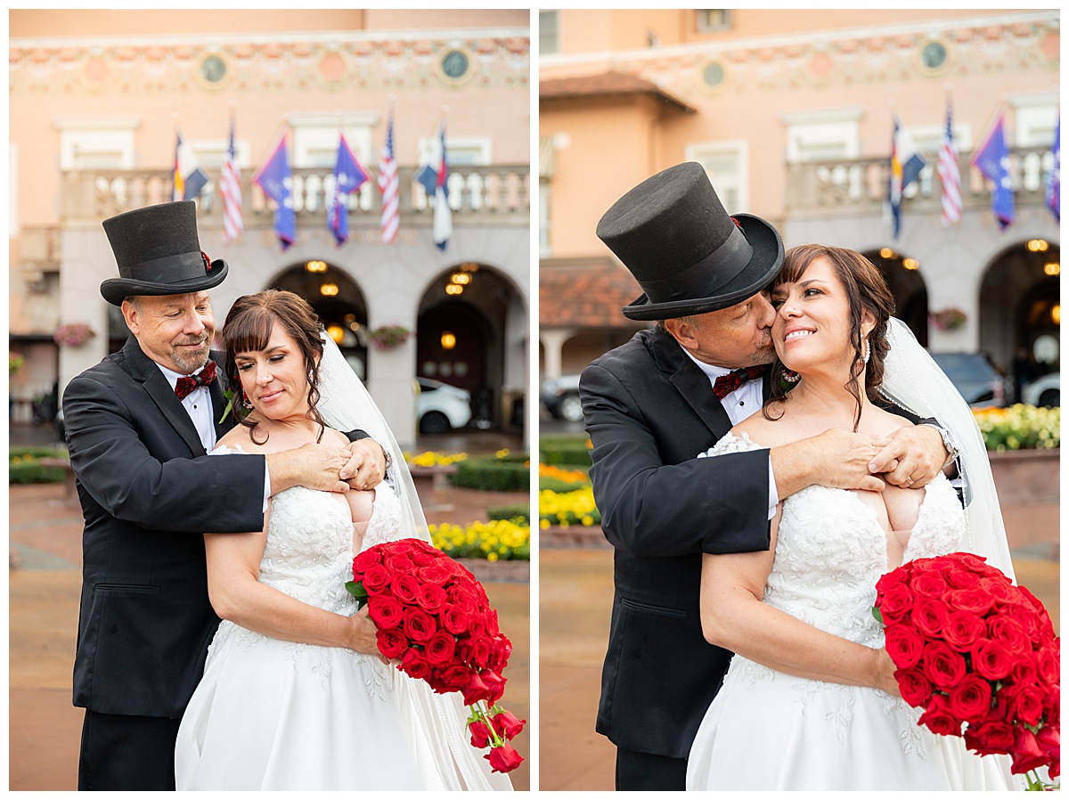 Couples portraits of a bride and groom during their Broadmoor wedding. The groom is wearing a black suit and black top hat. The bride is wearing a lace ballgown and a long veil.