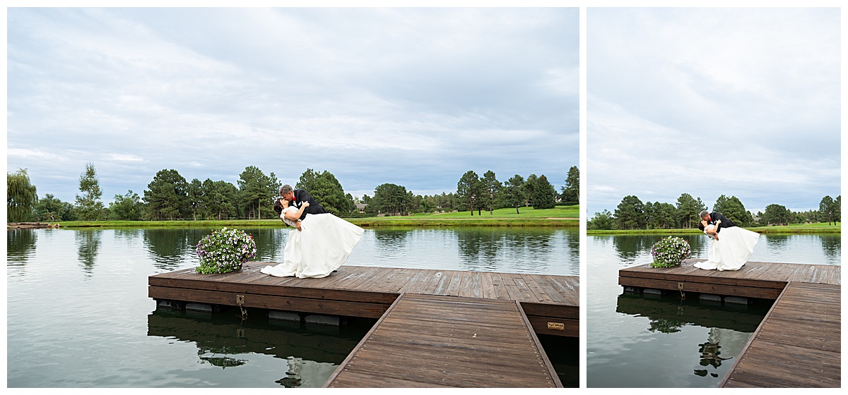 Couples portraits of a bride and groom during their Broadmoor wedding. The groom is wearing a black suit and black top hat. The bride is wearing a lace ballgown and a long veil. They are dancing on a wooden pier over a lake in a golf course.