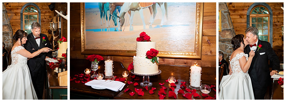 The bride and groom cut their two tier wedding cake inside the lake house