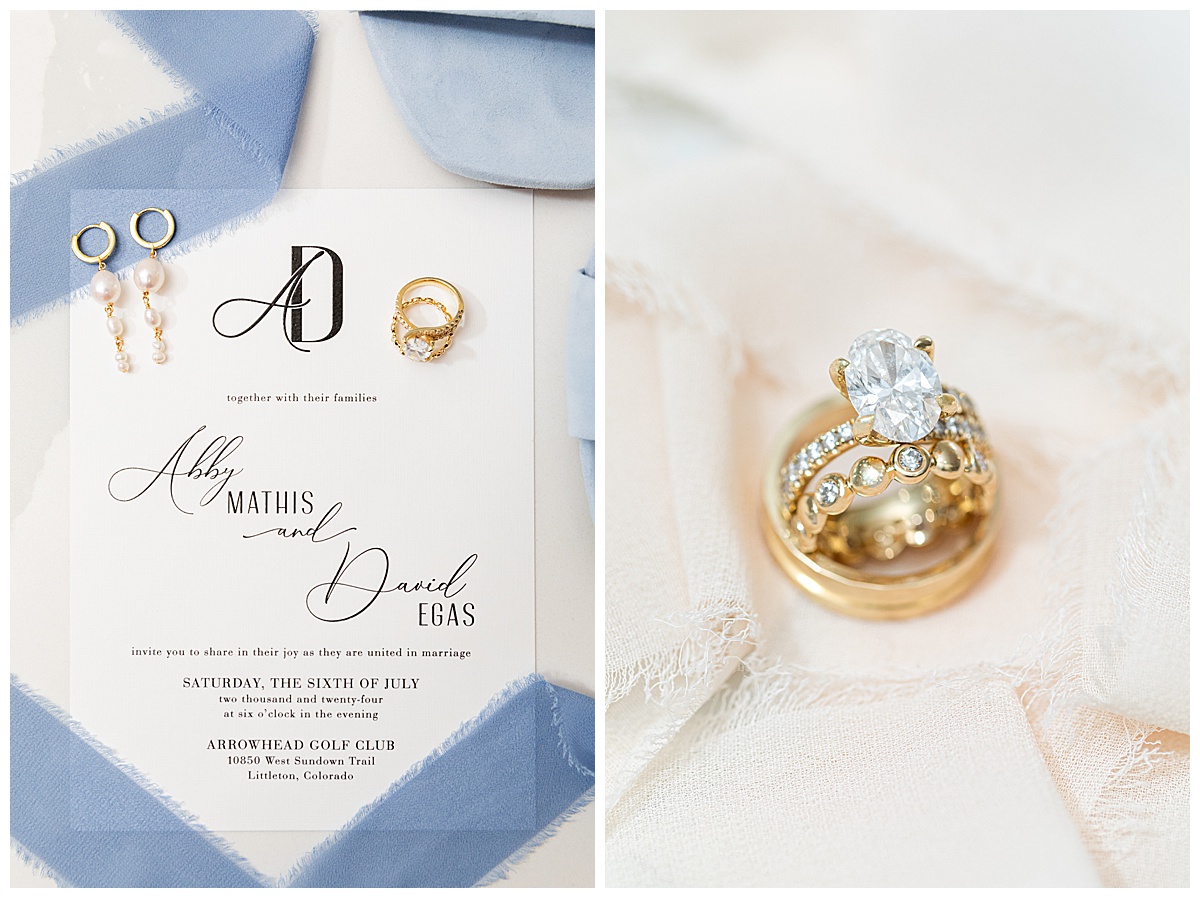 Top down images of a bride's wedding day details. There is a black and white wedding invitation, gold rings, gold and pearl earrings, blue suede shoes, and light blue and cream ribbon. 