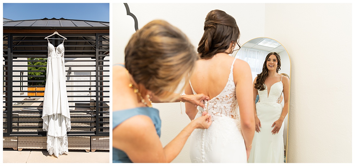 The photo on the left shows the bride's form-fitting gown hanging on a hanger outside. The photo on the right shows the bride's mom helping her into the dress while the bride looks at herself in the mirror. 