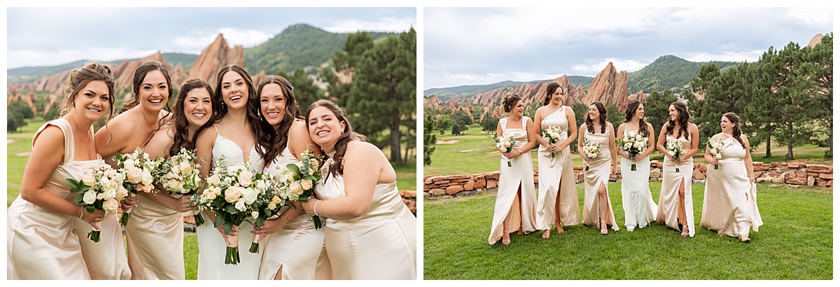 The bridesmaids pose for bridal party portraits. The bridesmaids are wearing satin champagne colored dresses.