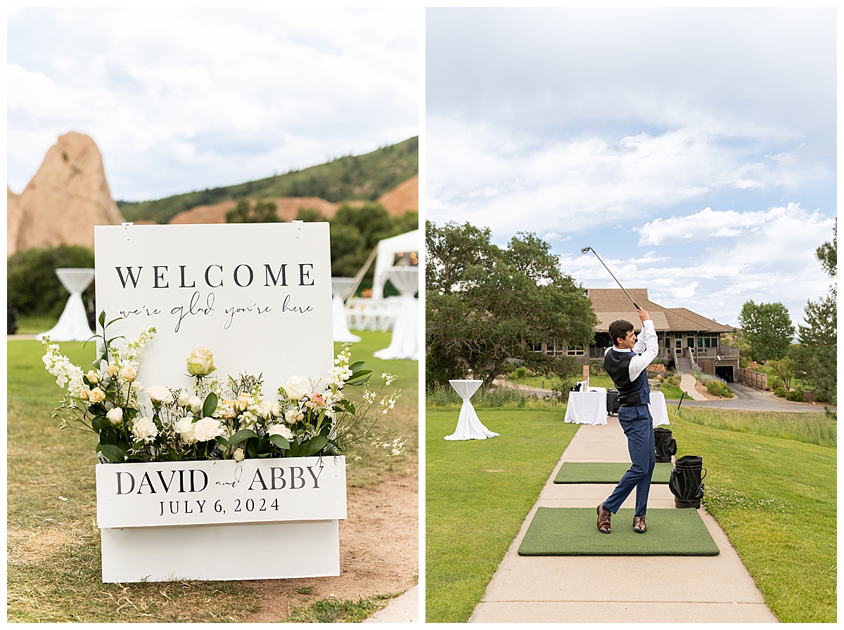 The groom hits some golf balls on the driving range before his wedding ceremony starts.