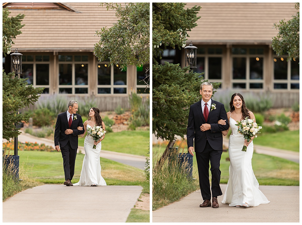 The bride's dad walks the bride down the aisle. He is wearing a black suit and red tie.