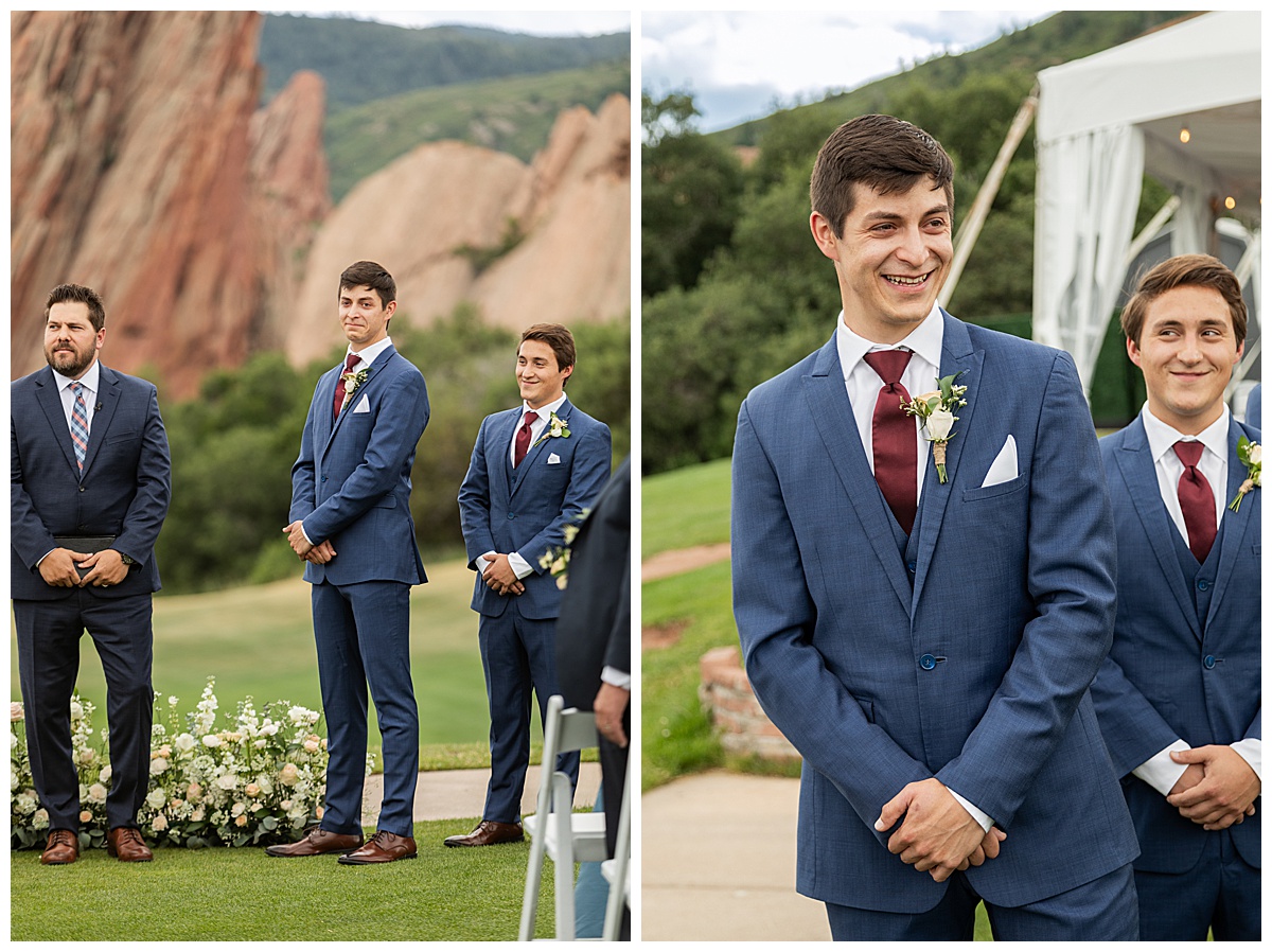 The groom is excited and tears up watching his bride walk down the aisle.