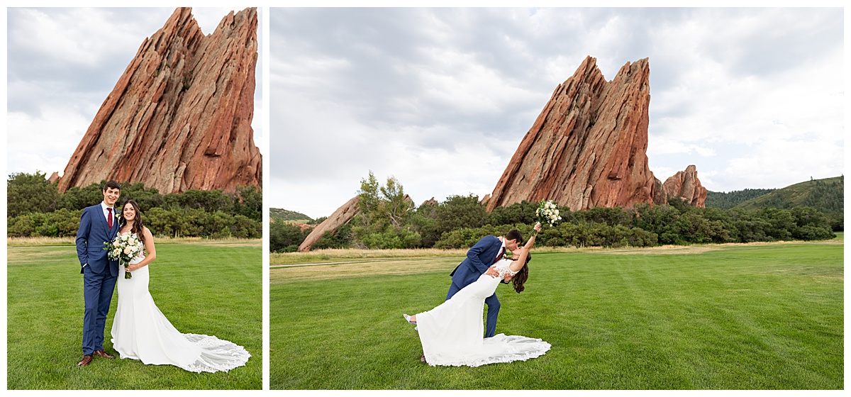 The couple pose on the golf course for bridal portraits. She is holding her bouquet. There are big red rocks in the background.