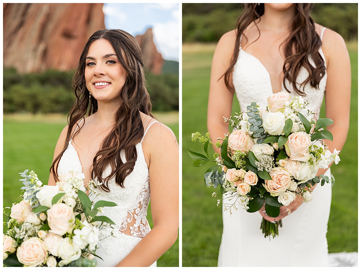 The couple pose on the golf course for bridal portraits. She is holding her bouquet. There are big red rocks in the background.