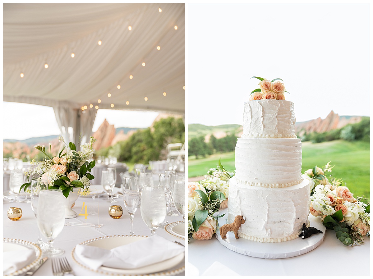 The left photo shows the reception tent before the guests come in to sit down. Everything is white with gold accents and pink and green flowers on the tables. The right photos shows the three tier cake. The cake is white with pink flowers and greenery around it. The couple's golden dog and black dog are mini figures eating the cake.