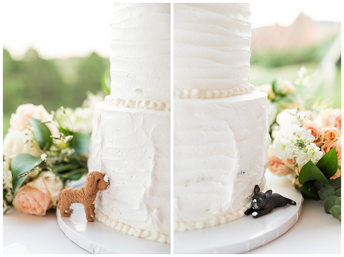 The left photo shows the reception tent before the guests come in to sit down. Everything is white with gold accents and pink and green flowers on the tables. The right photos shows the three tier cake. The cake is white with pink flowers and greenery around it. The couple's golden dog and black dog are mini figures eating the cake.