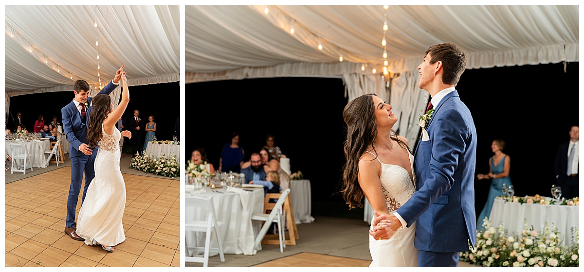 The bride and groom have their first dance. It is nighttime and they are under the reception tent.